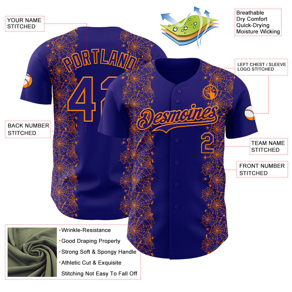 Custom Dark Purple Bay Orange 3D Halloween Spider Net Party Costume Ideas Authentic Baseball Jersey view 3
