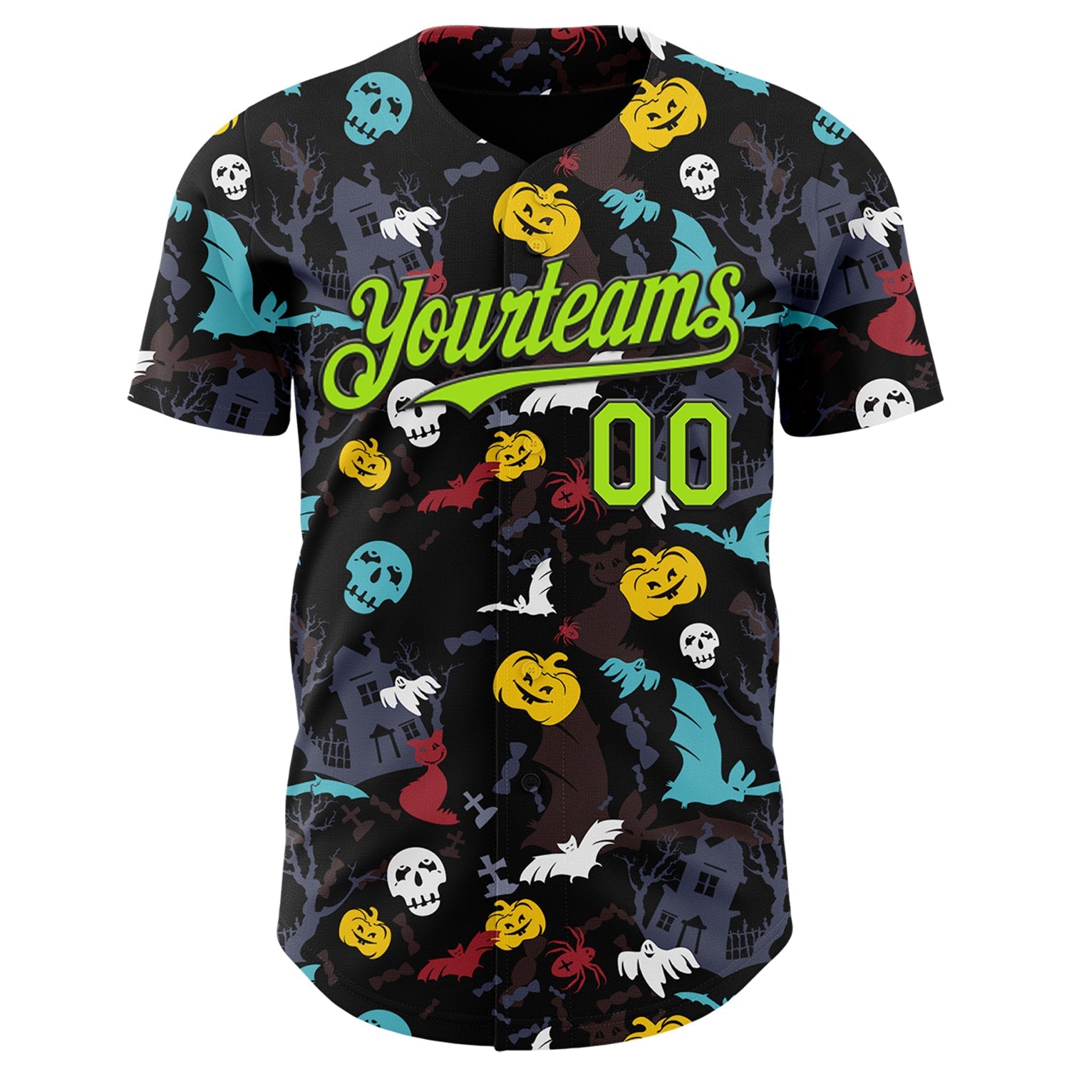 Custom Black Neon Green 3D Halloween Skull Pumpkin Doodle Party Costume Ideas Authentic Baseball Jersey view 2