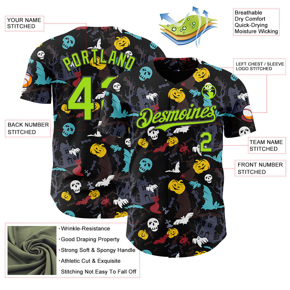 Custom Black Neon Green 3D Halloween Skull Pumpkin Doodle Party Costume Ideas Authentic Baseball Jersey view 3