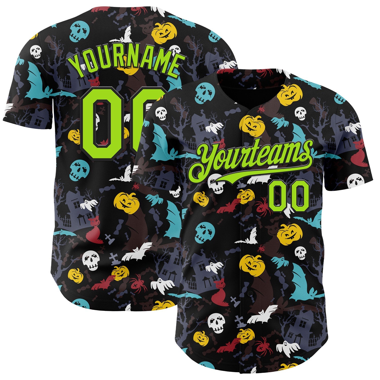 Custom Black Neon Green 3D Halloween Skull Pumpkin Doodle Party Costume Ideas Authentic Baseball Jersey - Main View