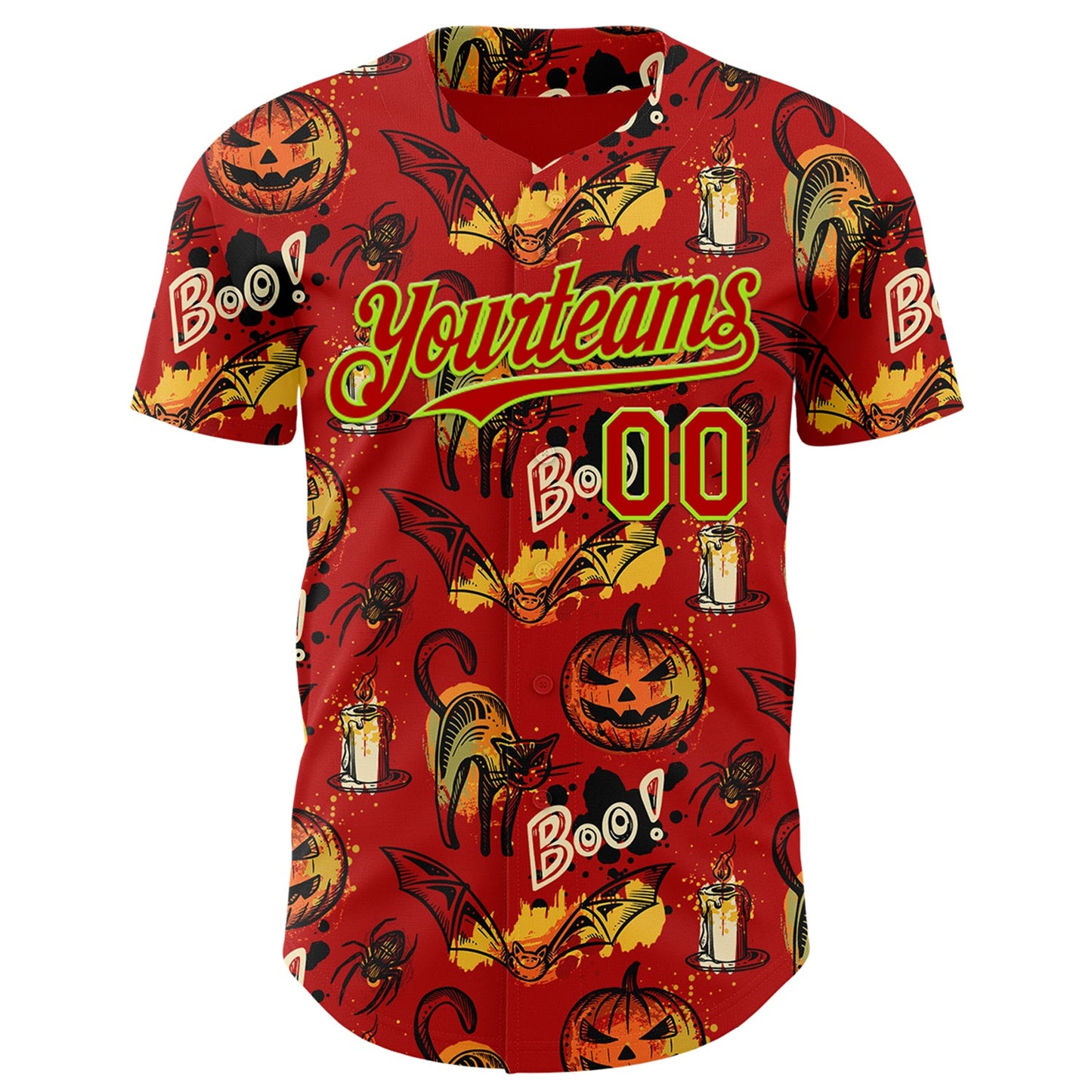 Custom Red Neon Green 3D Halloween Pumpkin Doodle Party Costume Ideas Authentic Baseball Jersey view 2