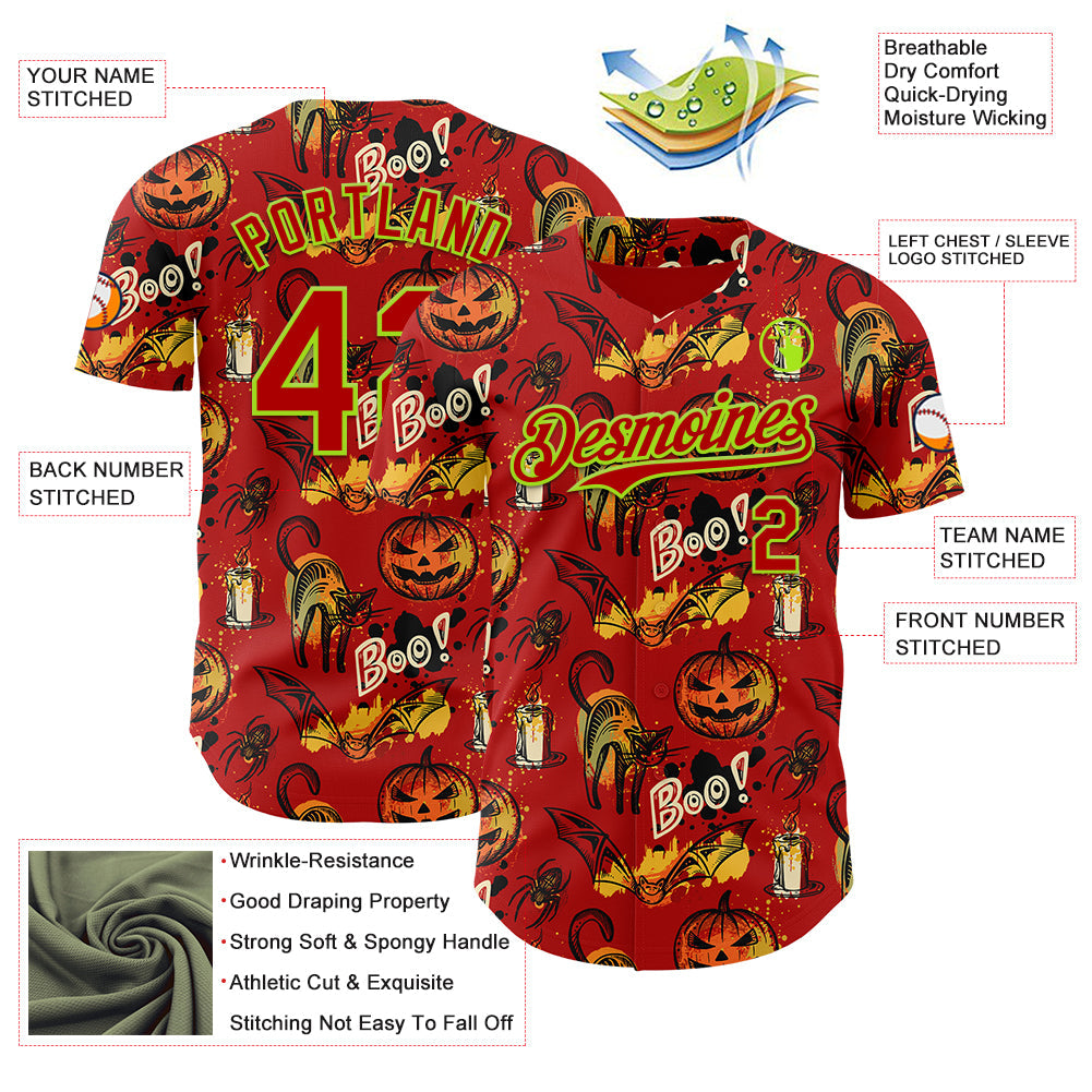 Custom Red Neon Green 3D Halloween Pumpkin Doodle Party Costume Ideas Authentic Baseball Jersey view 3