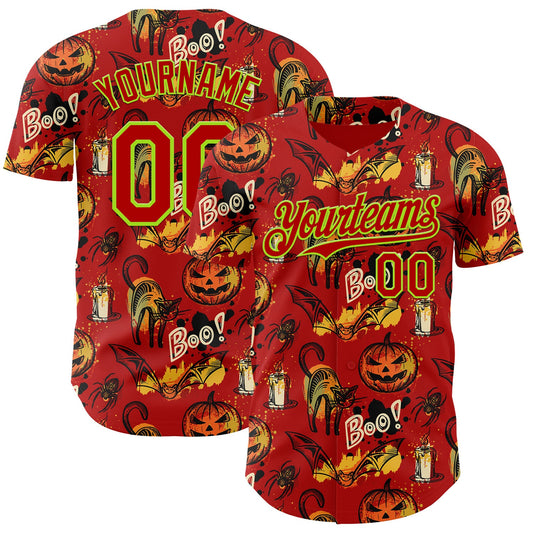 Custom Red Neon Green 3D Halloween Pumpkin Doodle Party Costume Ideas Authentic Baseball Jersey - Main View