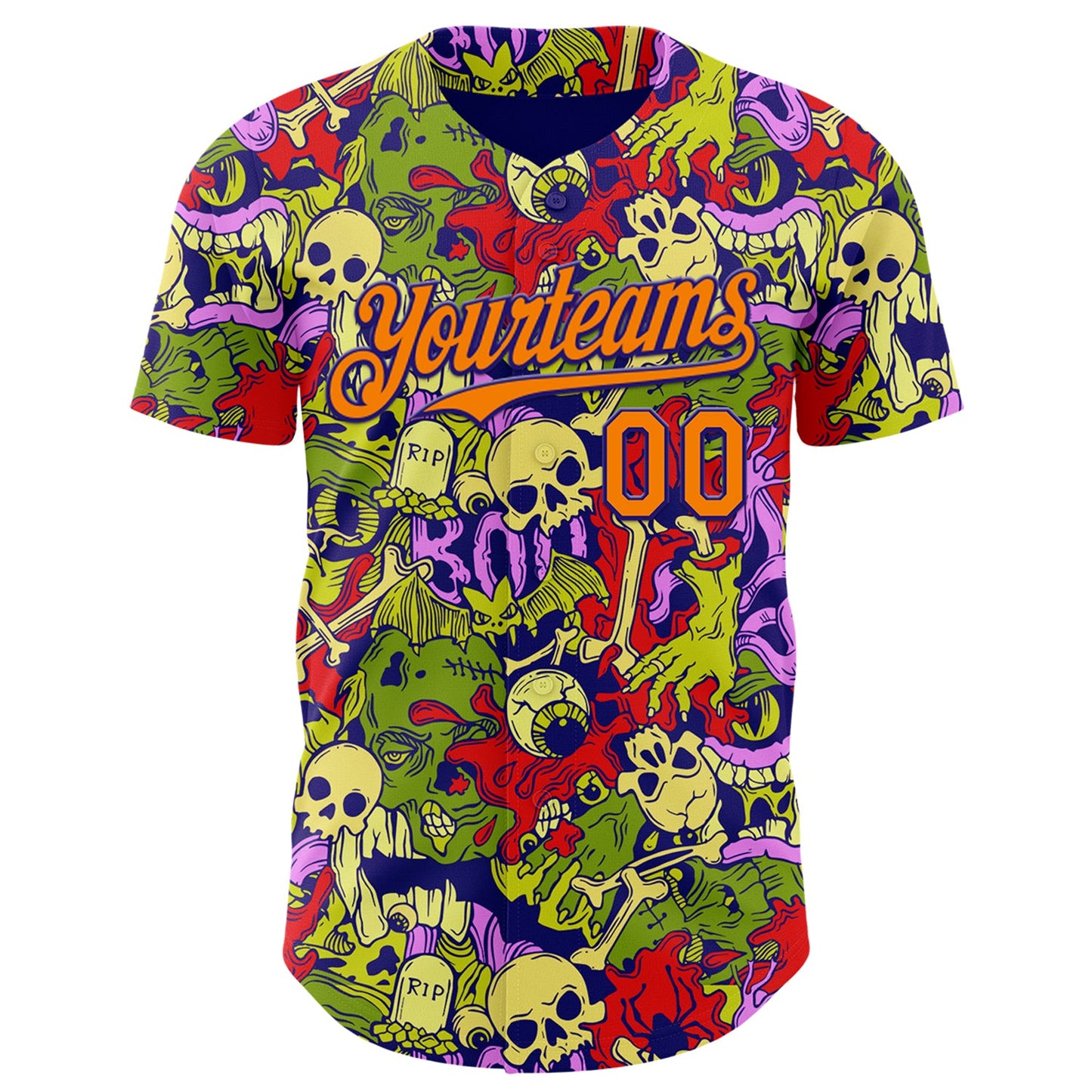 Custom Dark Purple Bay Orange 3D Halloween Skull Doodle Party Costume Ideas Authentic Baseball Jersey view 2