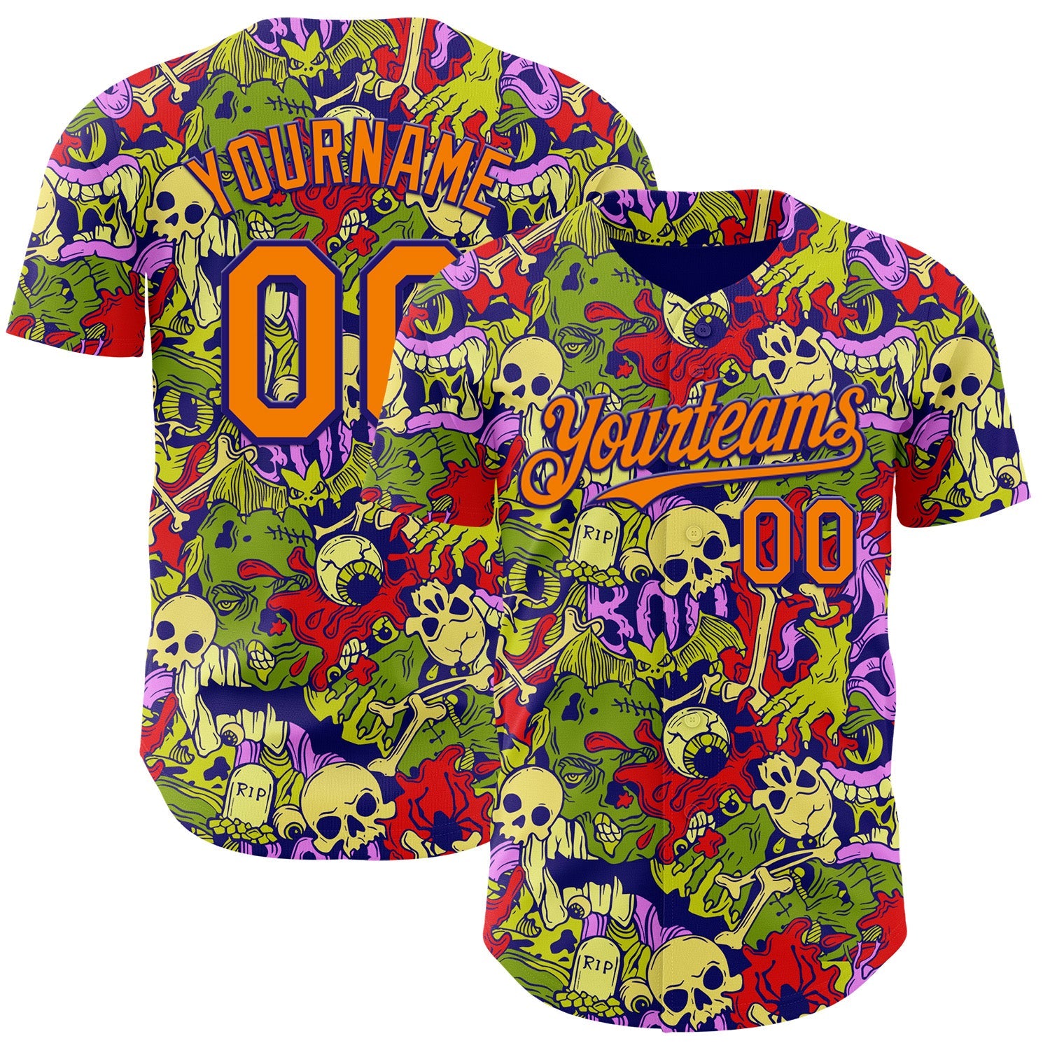 Custom Dark Purple Bay Orange 3D Halloween Skull Doodle Party Costume Ideas Authentic Baseball Jersey - Main View