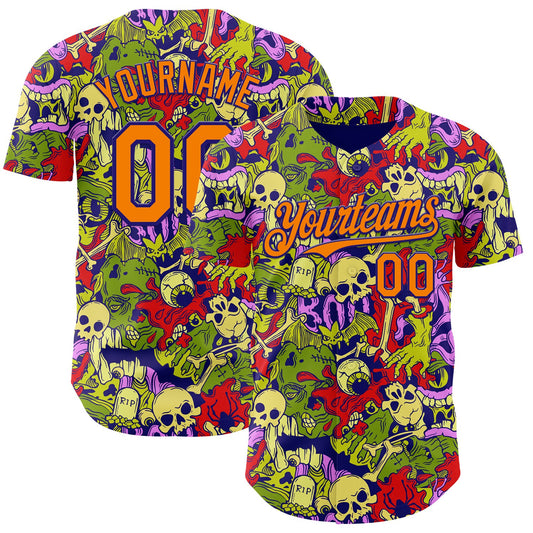 Custom Dark Purple Bay Orange 3D Halloween Skull Doodle Party Costume Ideas Authentic Baseball Jersey - Main View
