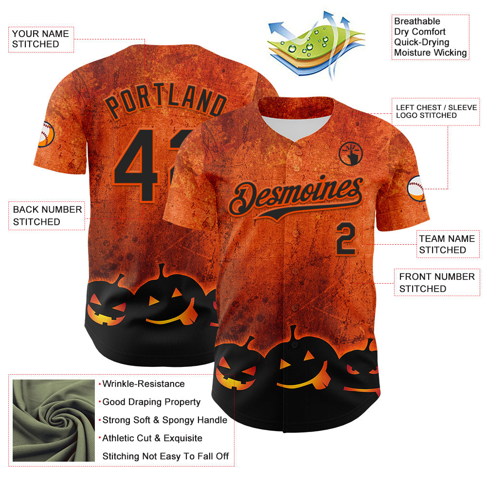 Custom Orange Black 3D Halloween Pumpkin Party Costume Ideas Authentic Baseball Jersey view 3