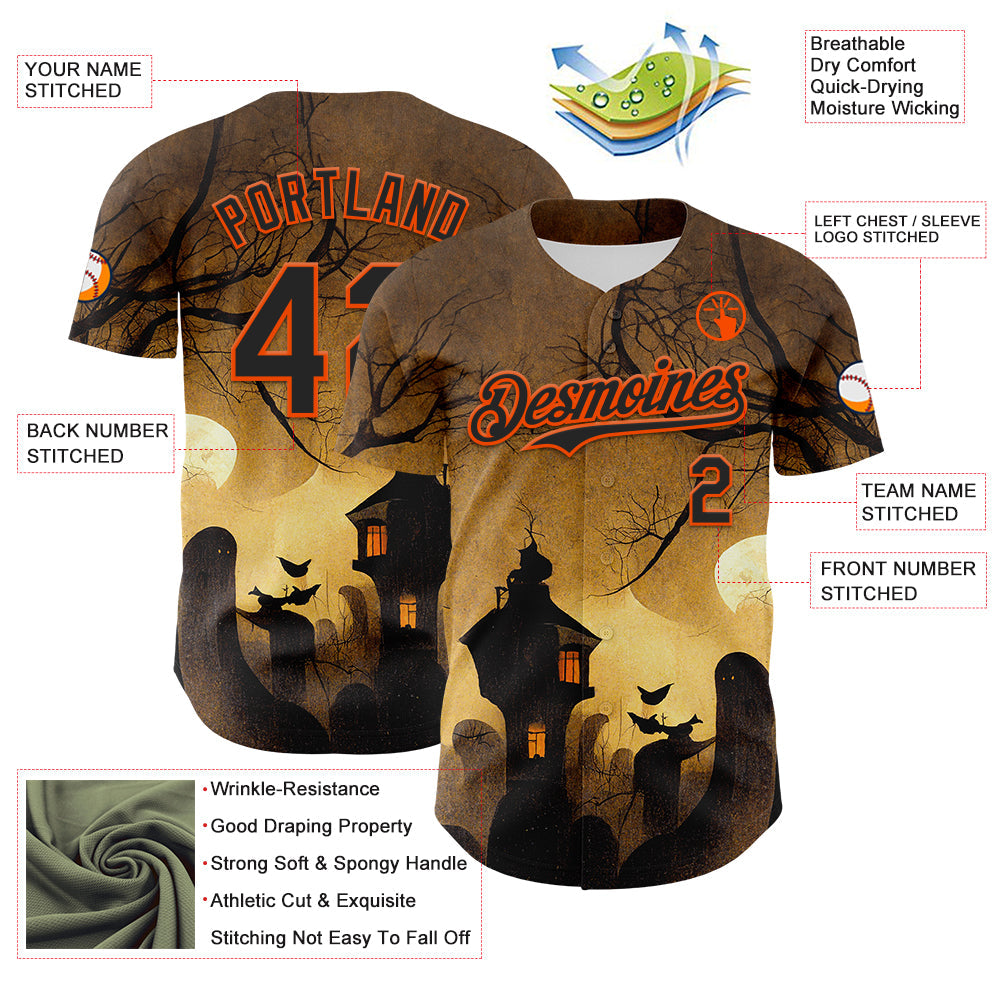 Custom Yellow Black-Orange 3D Halloween Horror Night Trick Treat Party Costume Ideas Authentic Baseball Jersey view 3