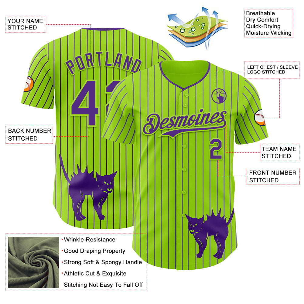 Custom Neon Green Purple Pinstripe Purple 3D Halloween Scary Party Costume Ideas Authentic Baseball Jersey view 3