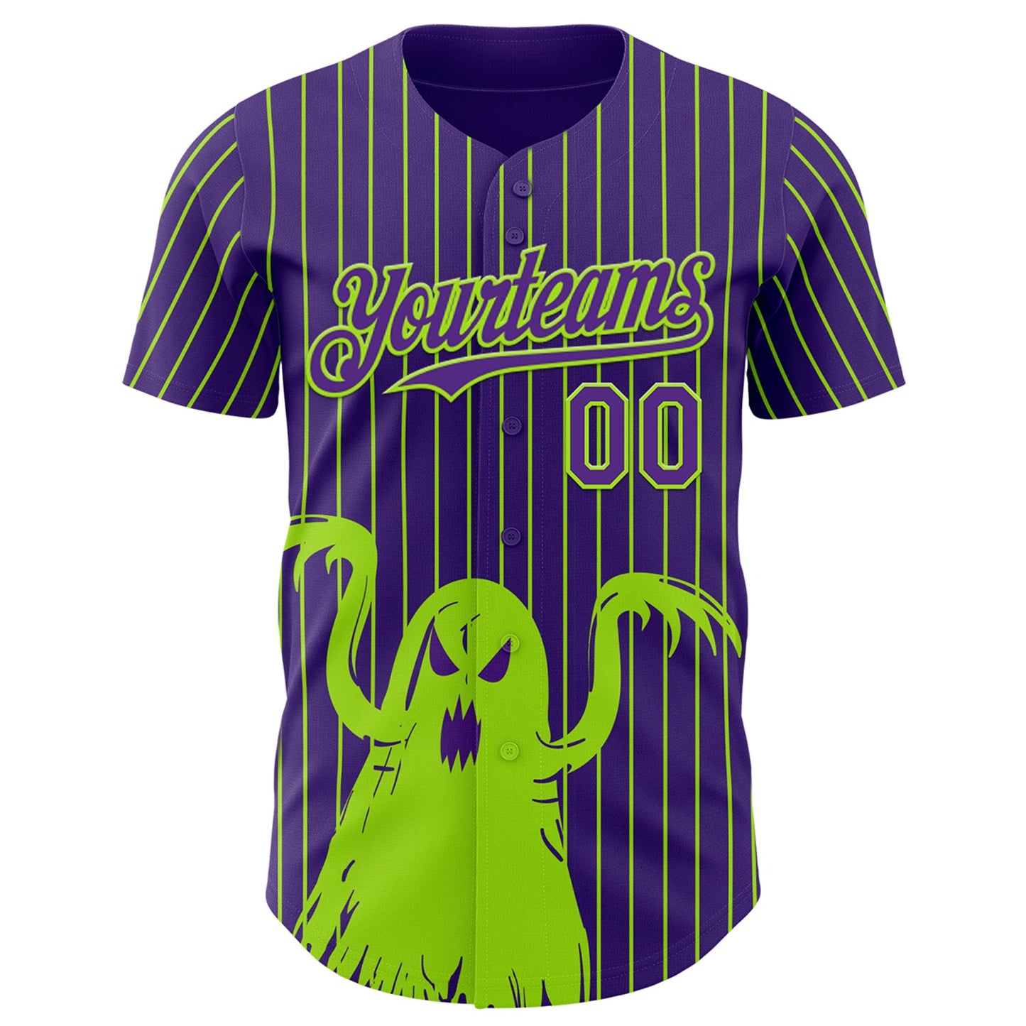 Custom Purple Neon Green Pinstripe Neon Green 3D Halloween Spooky Party Costume Ideas Authentic Baseball Jersey view 2
