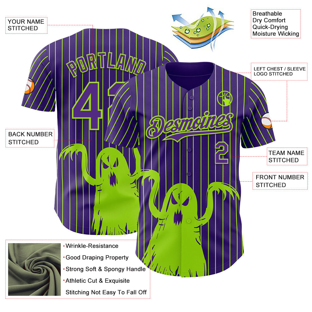 Custom Purple Neon Green Pinstripe Neon Green 3D Halloween Spooky Party Costume Ideas Authentic Baseball Jersey view 3