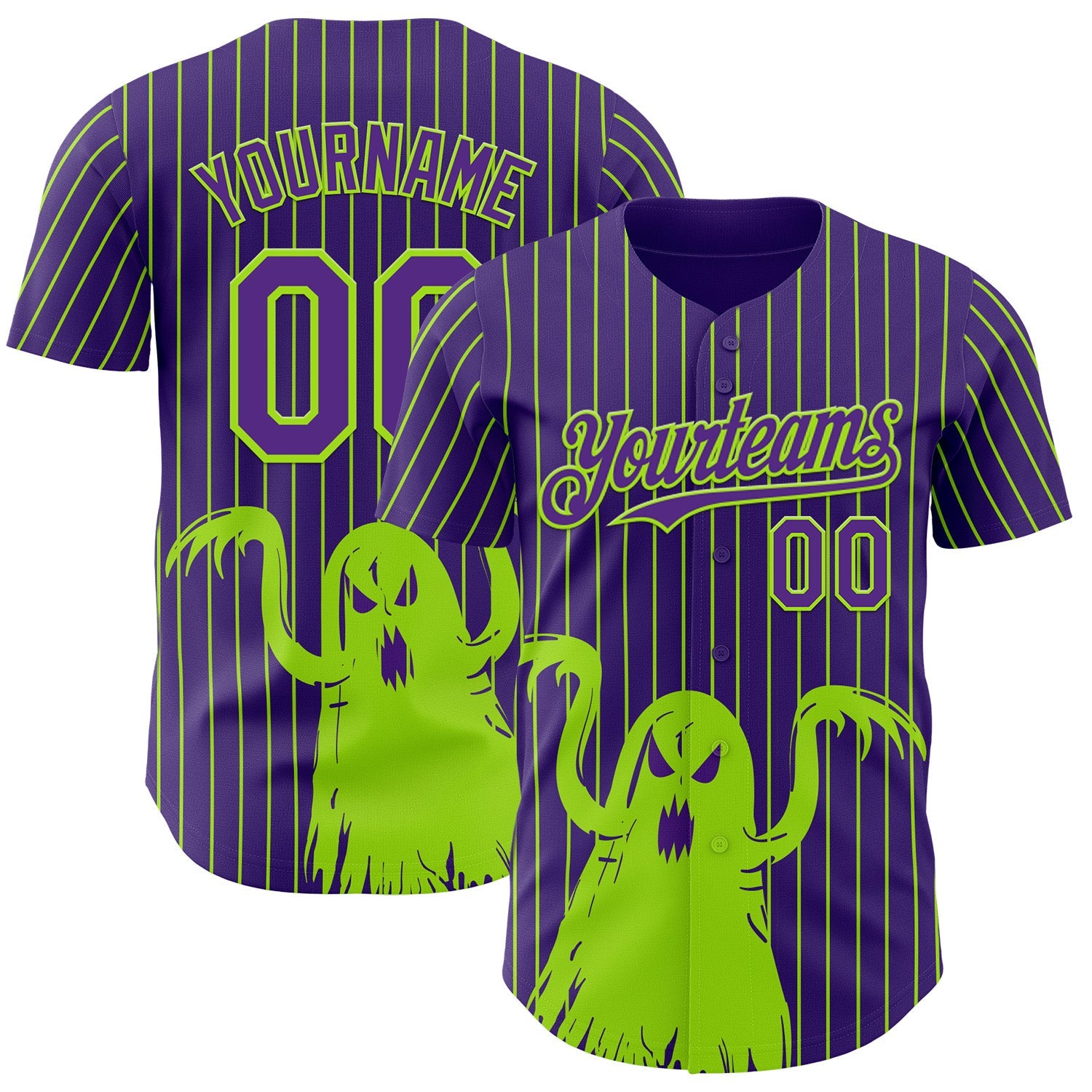 Custom Purple Neon Green Pinstripe Neon Green 3D Halloween Spooky Party Costume Ideas Authentic Baseball Jersey - Main View