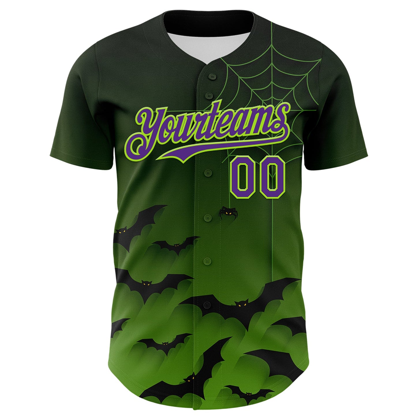 Custom Green Purple Black-Neon Green 3D Halloween Spider Net Bats Party Costume Ideas Authentic Baseball Jersey view 2