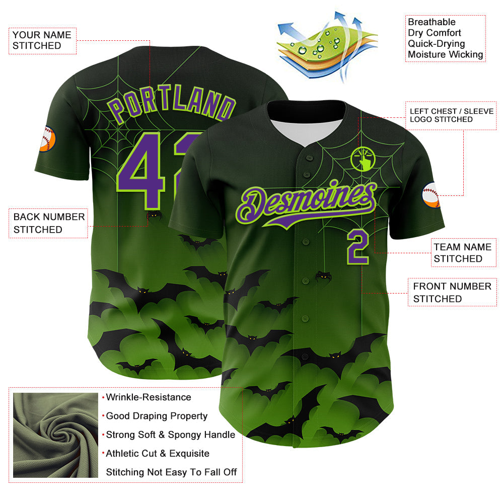 Custom Green Purple Black-Neon Green 3D Halloween Spider Net Bats Party Costume Ideas Authentic Baseball Jersey view 3