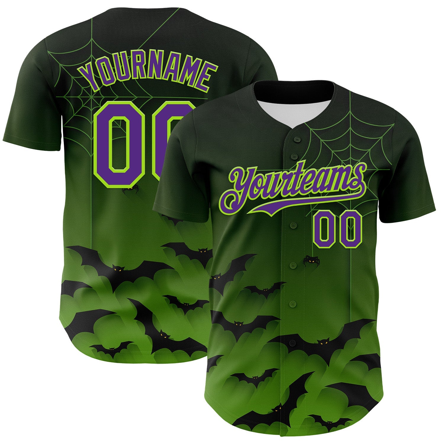 Custom Green Purple Black-Neon Green 3D Halloween Spider Net Bats Party Costume Ideas Authentic Baseball Jersey - Main View