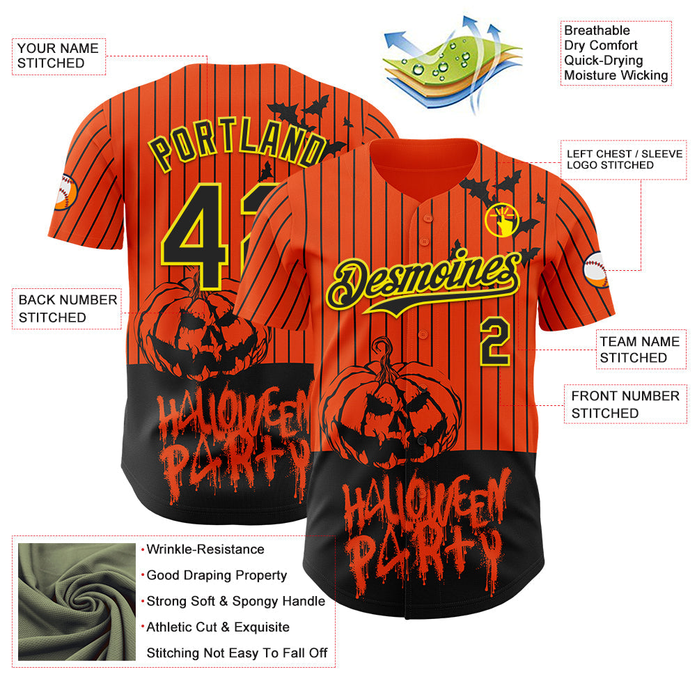 Custom Orange Black Pinstripe Light Yellow 3D Halloween Pumpkin Party Costume Ideas Authentic Baseball Jersey view 3