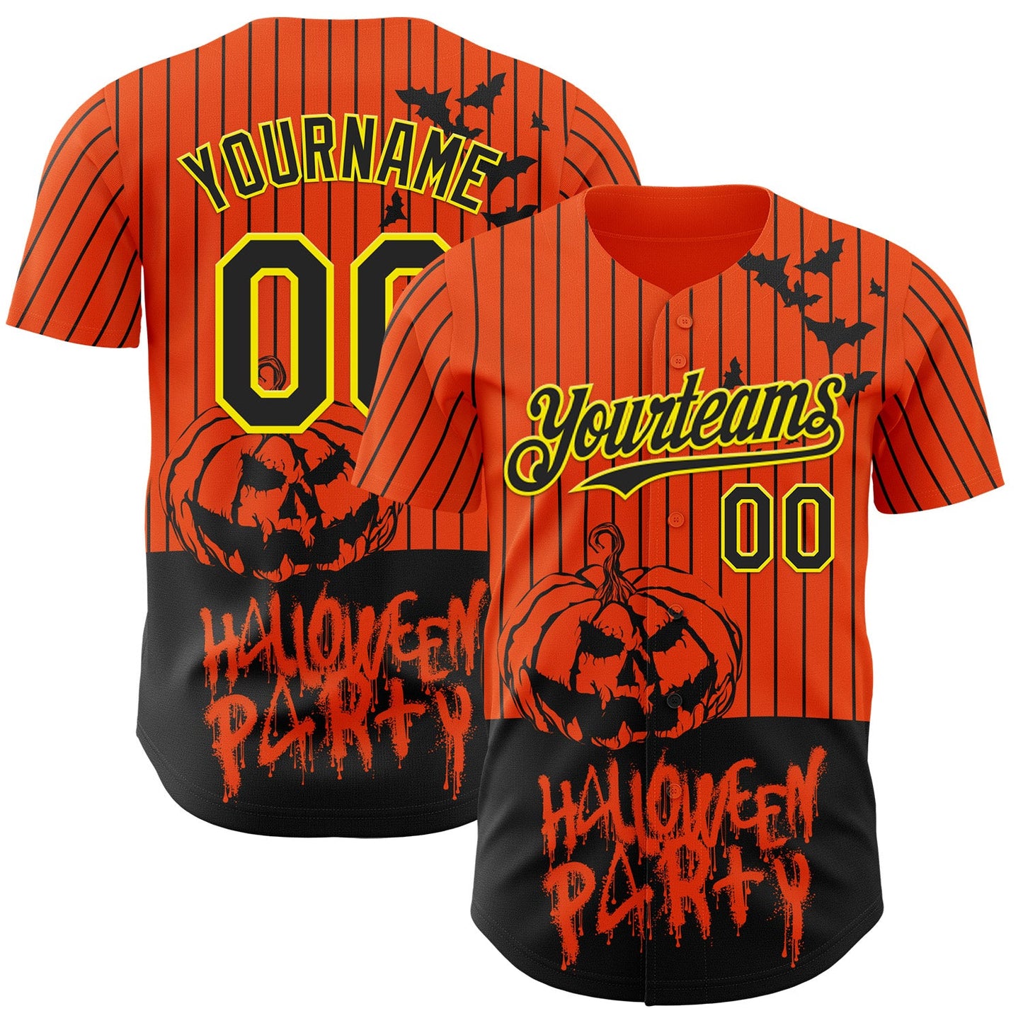 Custom Orange Black Pinstripe Light Yellow 3D Halloween Pumpkin Party Costume Ideas Authentic Baseball Jersey - Main View