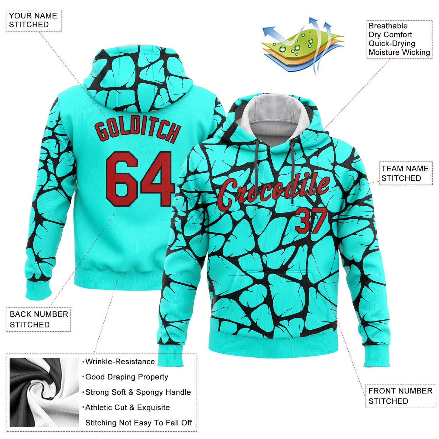 Custom Stitched Aqua Red-Black 3D Pattern Design Sports Pullover Sweatshirt Hoodie view 2