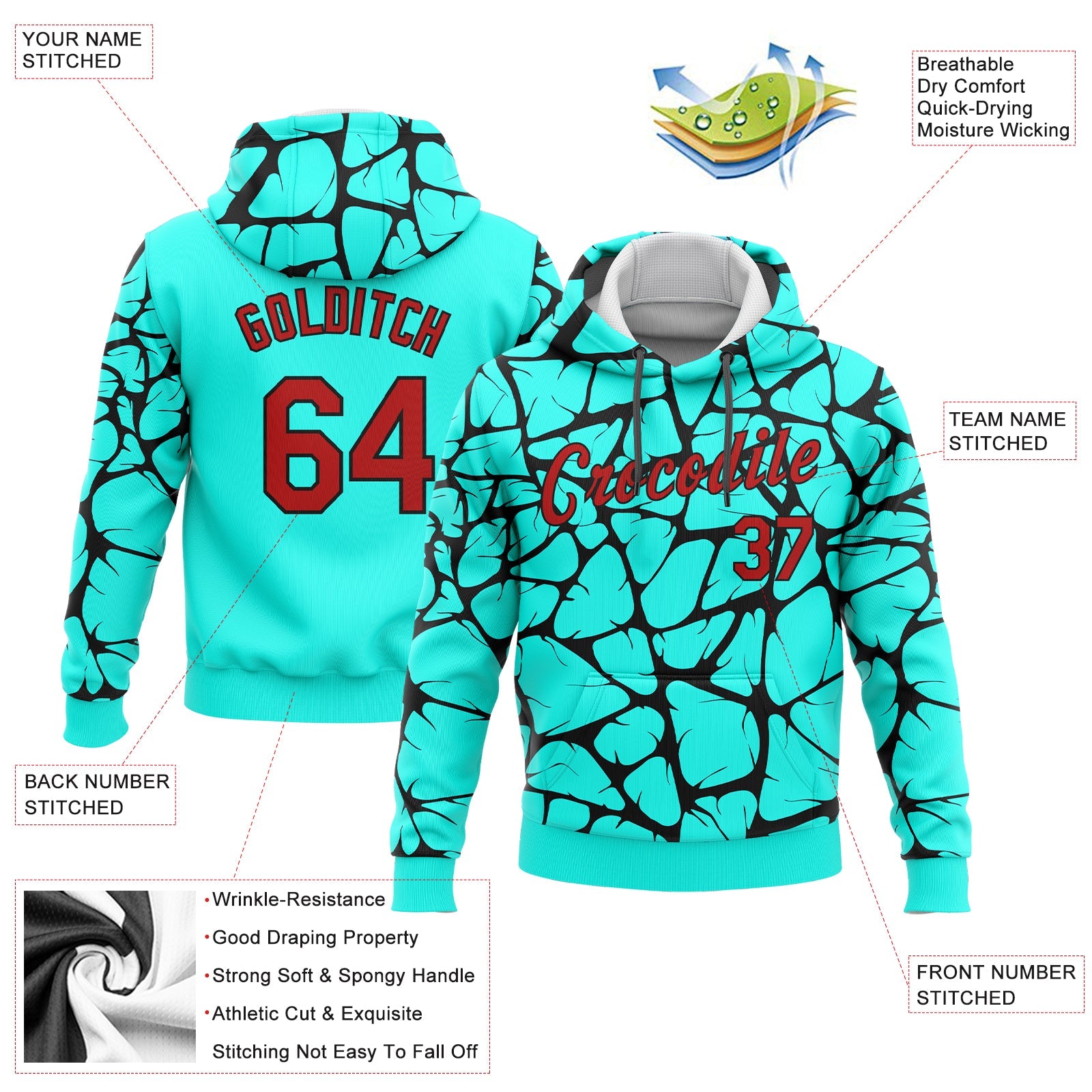 Custom Stitched Aqua Red-Black 3D Pattern Design Sports Pullover Sweatshirt Hoodie view 2