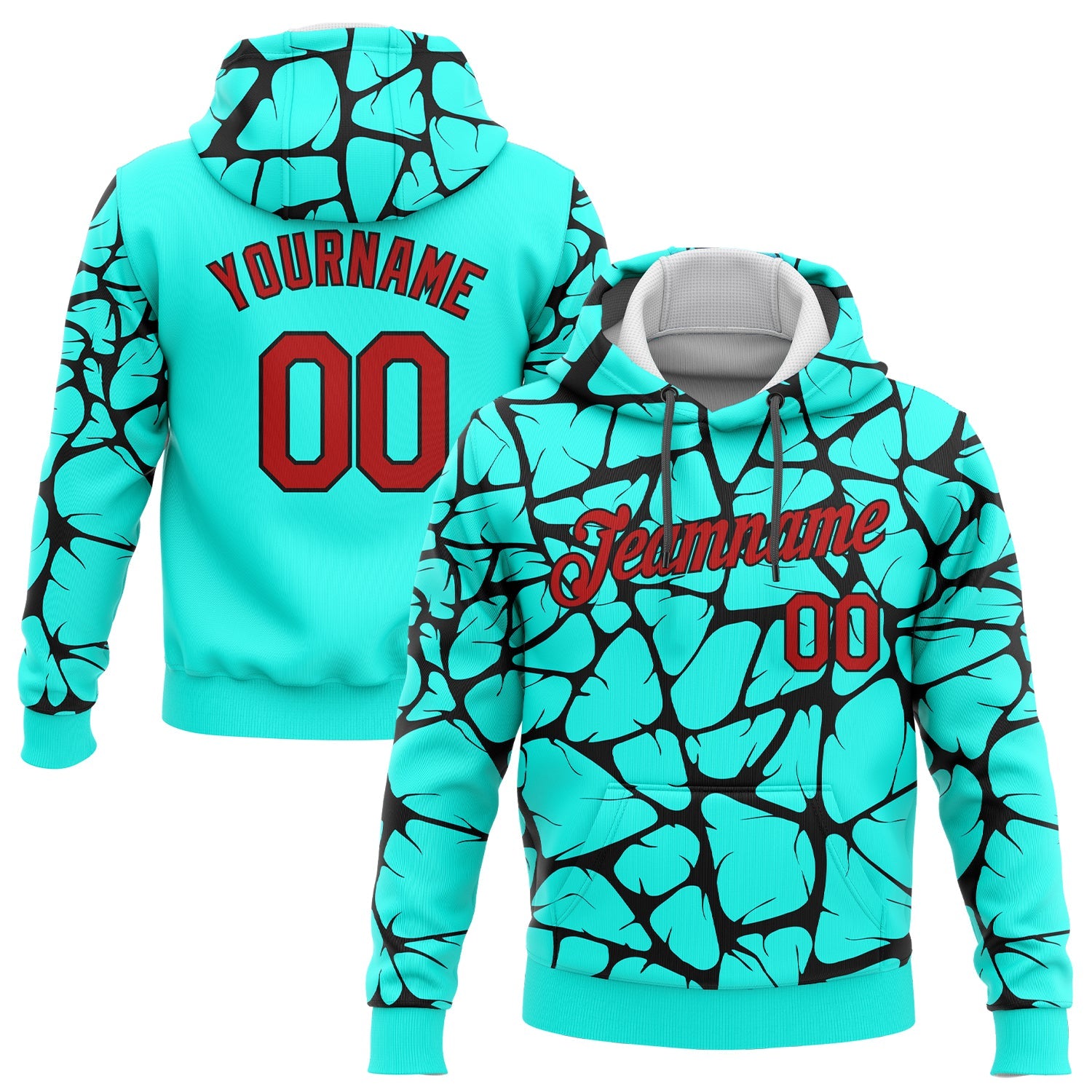 Custom Stitched Aqua Red-Black 3D Pattern Design Sports Pullover Sweatshirt Hoodie - Main View