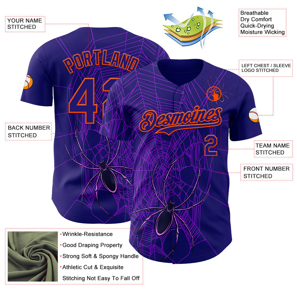 Custom Dark Purple Orange 3D Halloween Spider Net Party Costume Ideas Authentic Baseball Jersey view 3