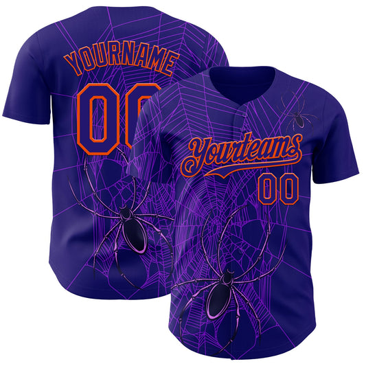 Custom Dark Purple Orange 3D Halloween Spider Net Party Costume Ideas Authentic Baseball Jersey - Main View