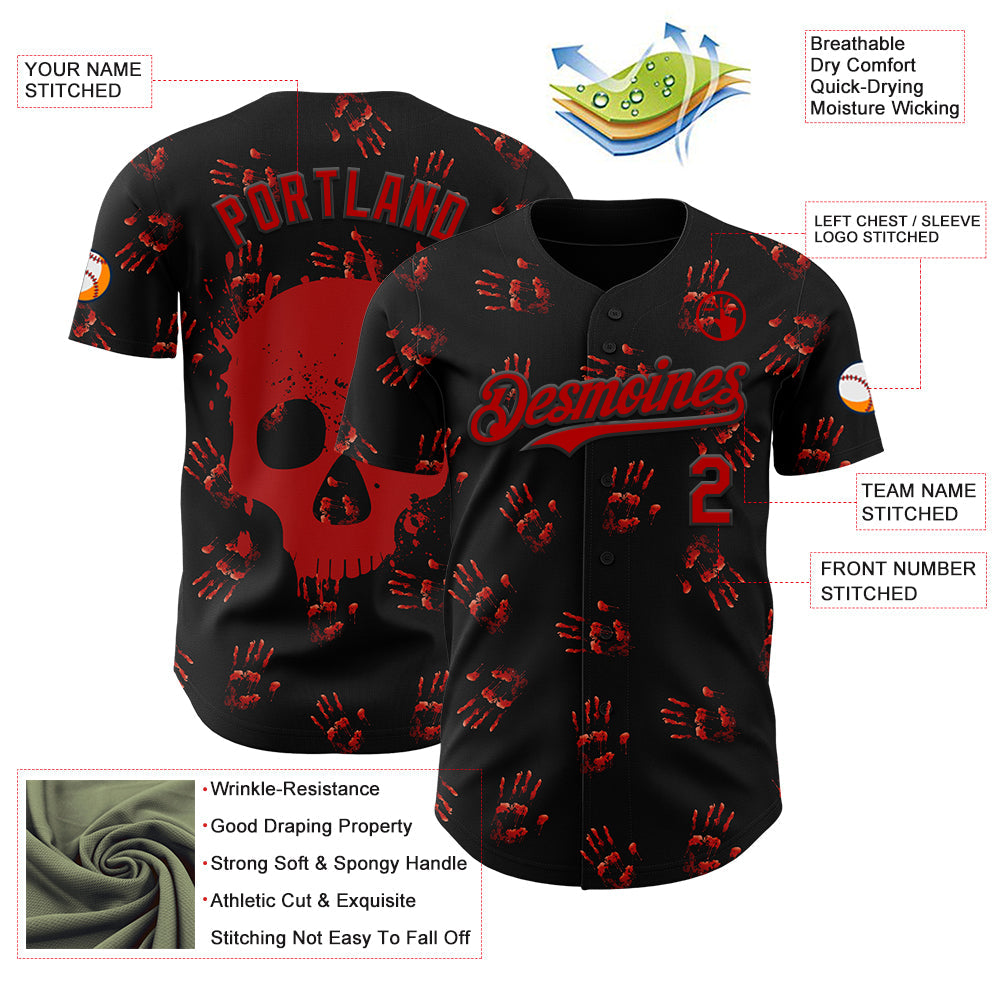 Custom Black Red 3D Halloween Skull Horror Night Trick Treat Party Costume Ideas Authentic Baseball Jersey view 3