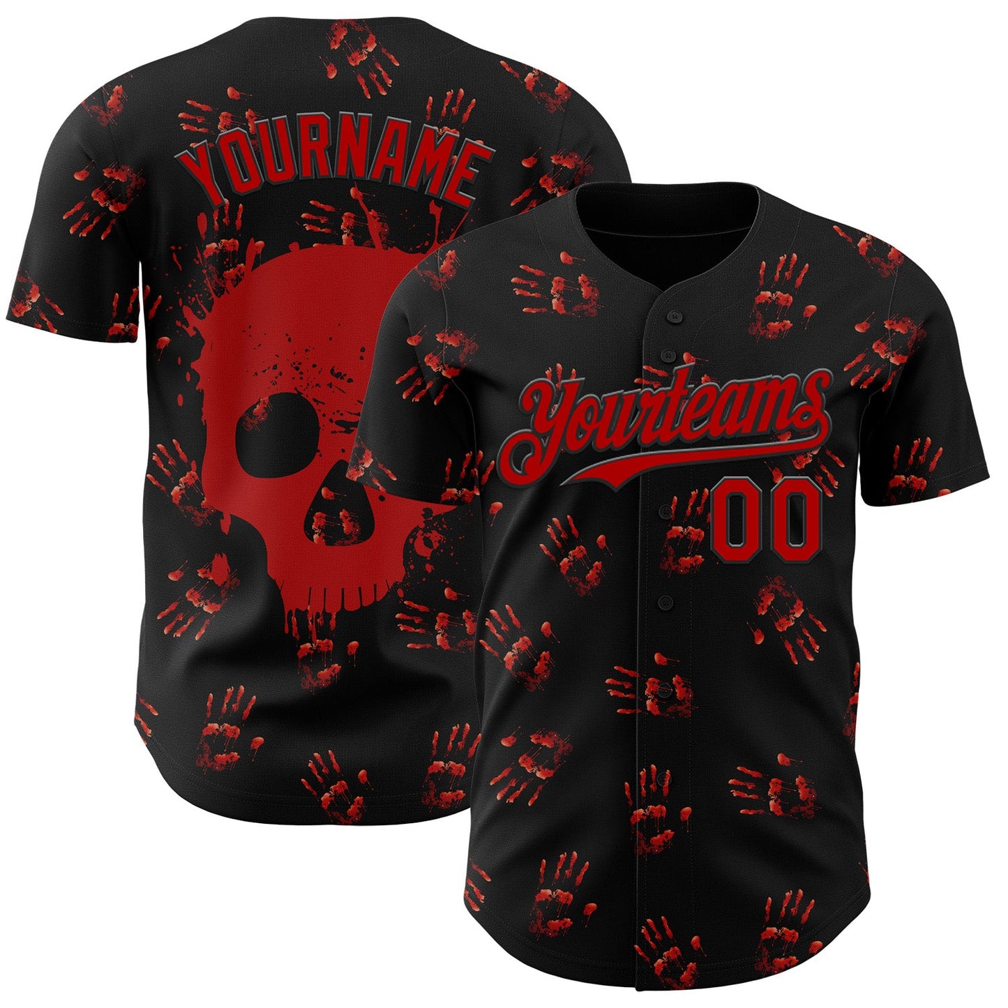 Custom Black Red 3D Halloween Skull Horror Night Trick Treat Party Costume Ideas Authentic Baseball Jersey - Main View