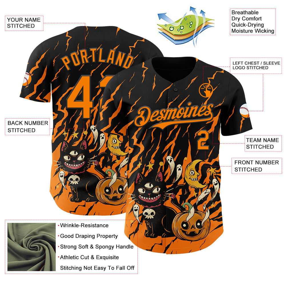 Custom Black Bay Orange 3D Halloween Pumpkin Scary Doodle Party Costume Ideas Authentic Baseball Jersey view 3
