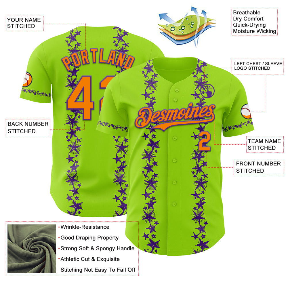 Custom Neon Green Bay Orange-Purple 3D Halloween Spider Net Party Costume Ideas Authentic Baseball Jersey view 3