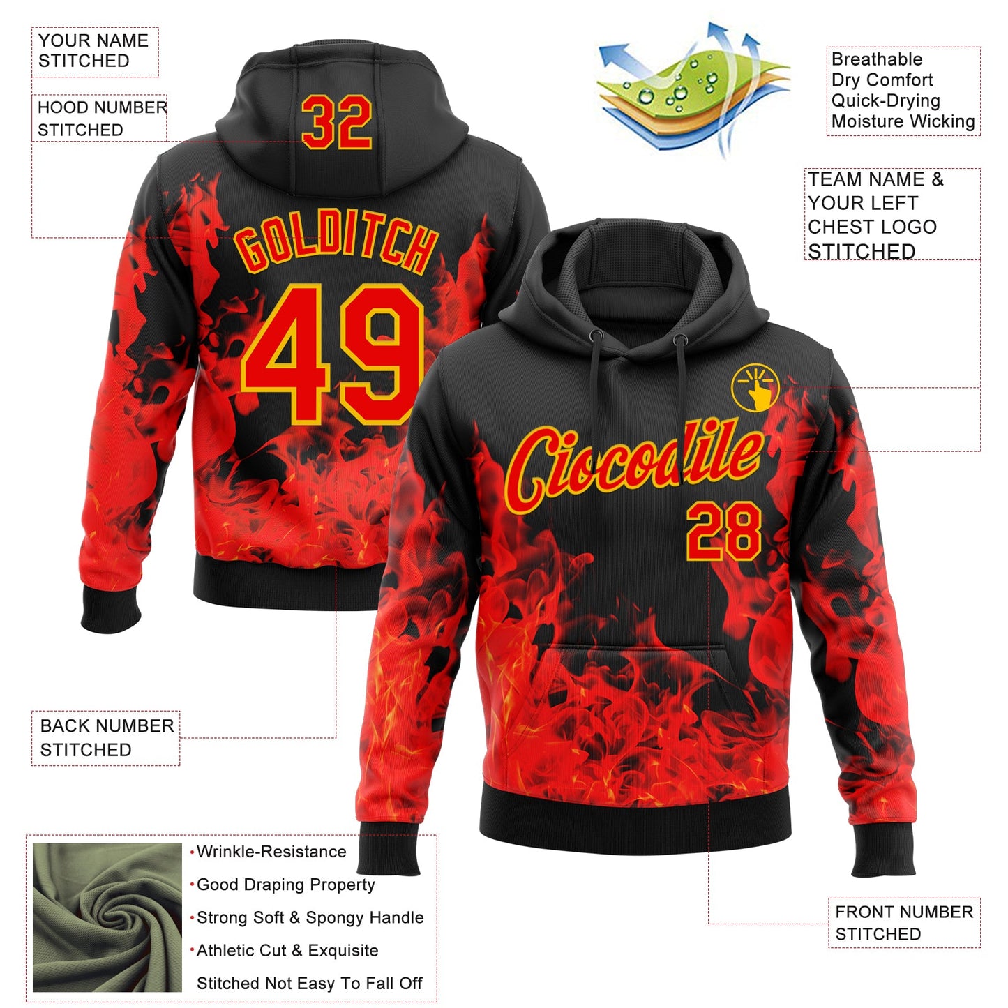 Custom Stitched Black Red-Yellow 3D Pattern Design Flame Sports Pullover Sweatshirt Hoodie view 2