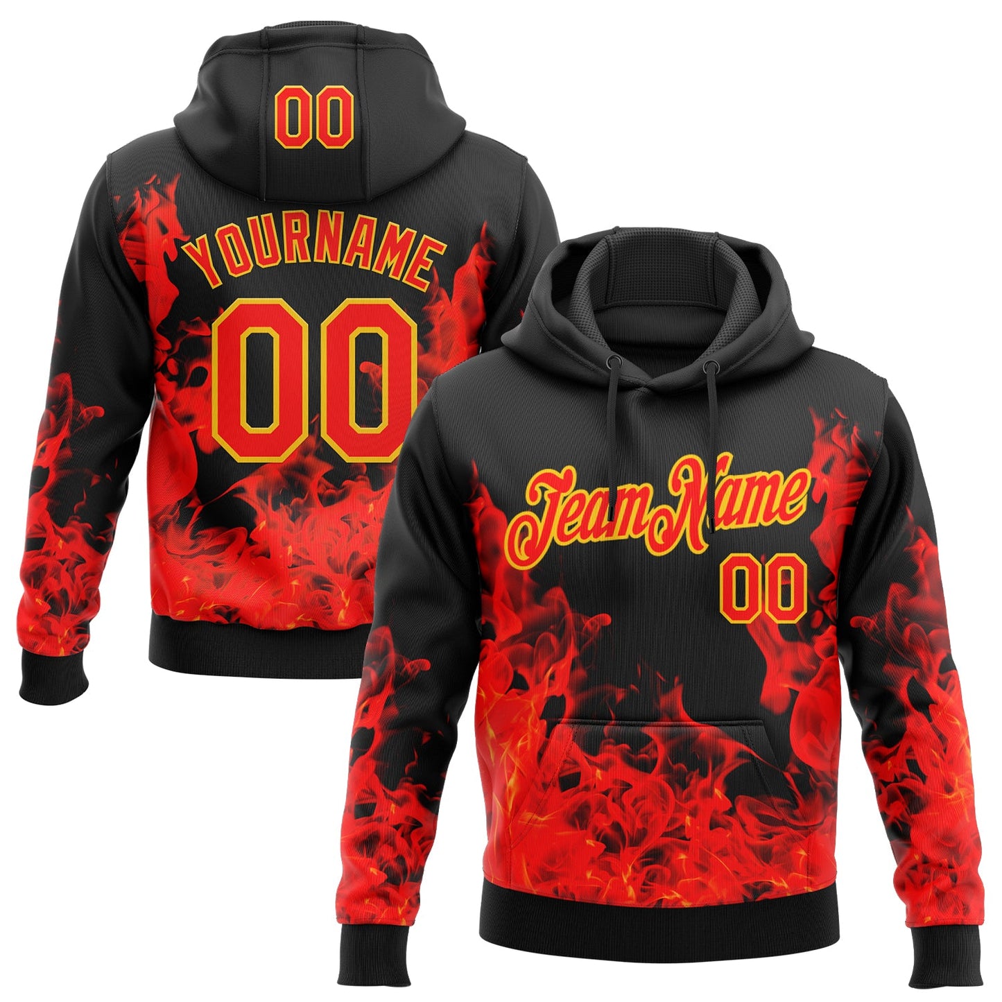 Custom Stitched Black Red-Yellow 3D Pattern Design Flame Sports Pullover Sweatshirt Hoodie - Main View