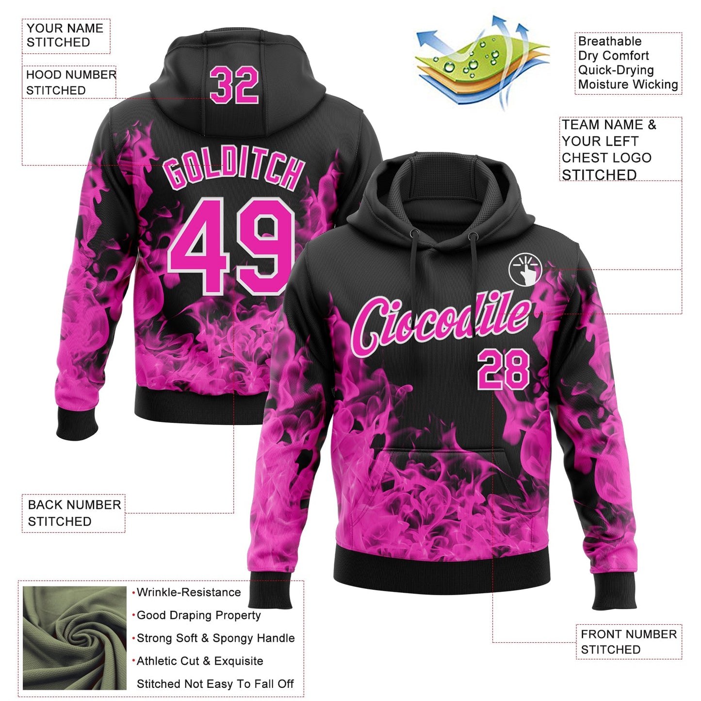 Custom Stitched Black Deep Pink-White 3D Pattern Design Flame Sports Pullover Sweatshirt Hoodie view 2