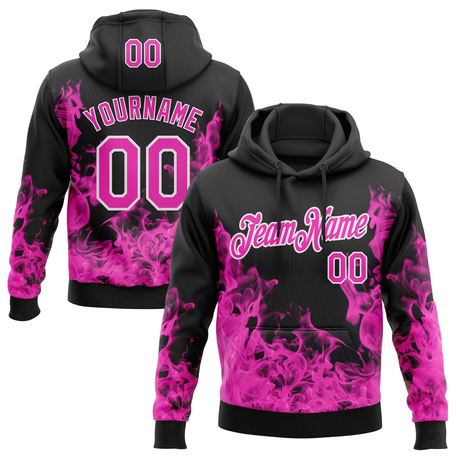 Custom Stitched Black Deep Pink-White 3D Pattern Design Flame Sports Pullover Sweatshirt Hoodie - Main View