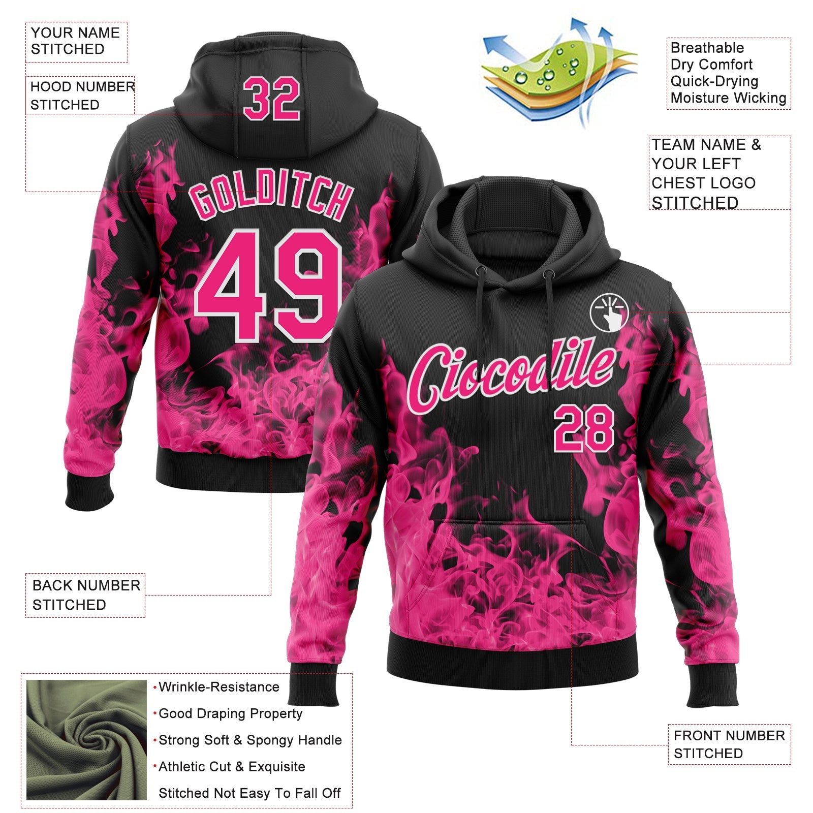 Custom Stitched Black Hot Pink-White 3D Pattern Design Flame Sports Pullover Sweatshirt Hoodie view 2