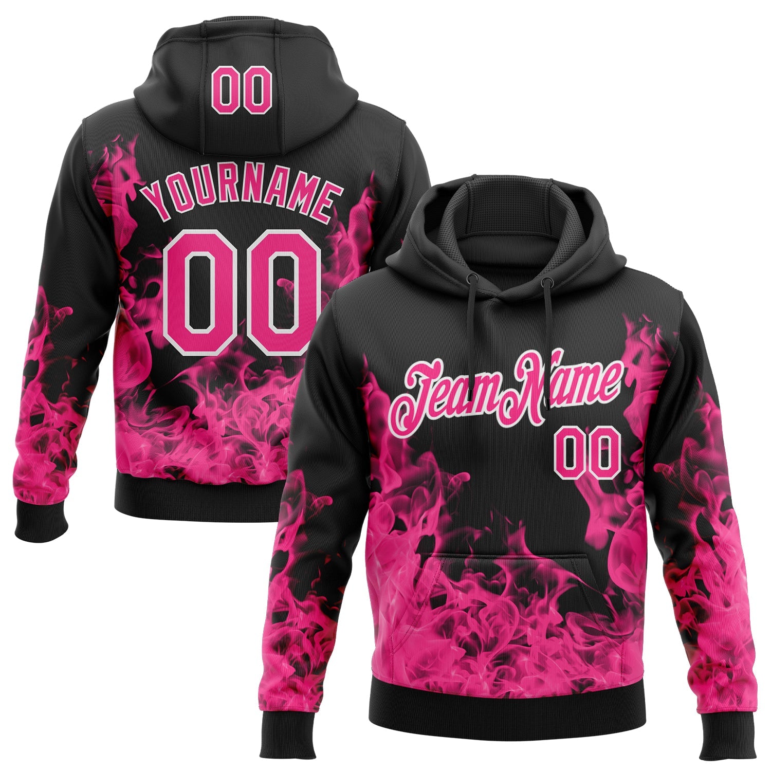Custom Stitched Black Hot Pink-White 3D Pattern Design Flame Sports Pullover Sweatshirt Hoodie - Main View