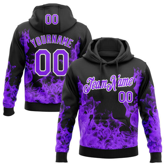 Custom Stitched Black Purple-White 3D Pattern Design Flame Sports Pullover Sweatshirt Hoodie - Main View