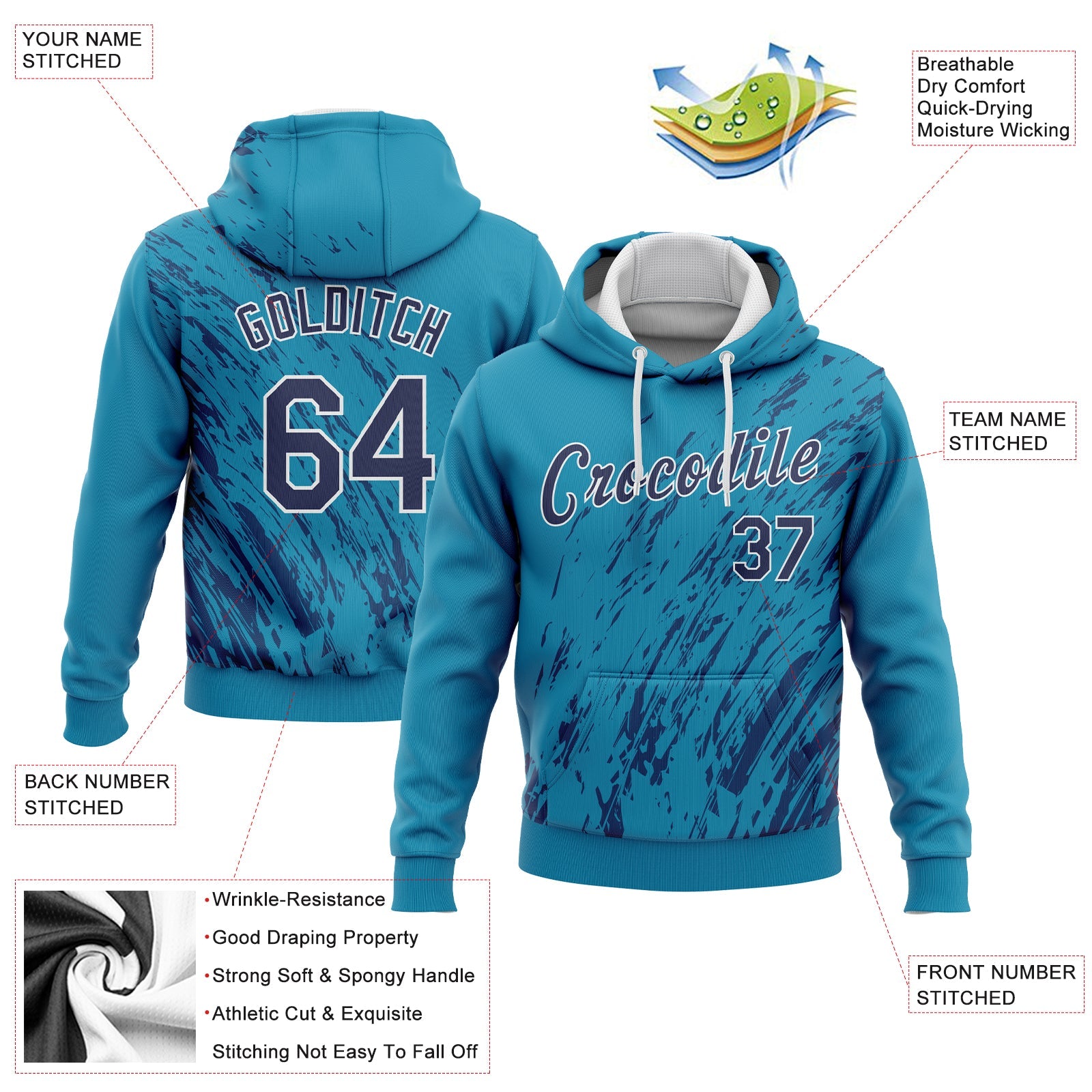 Custom Stitched Aqua Navy-White 3D Pattern Design Sports Pullover Sweatshirt Hoodie view 2