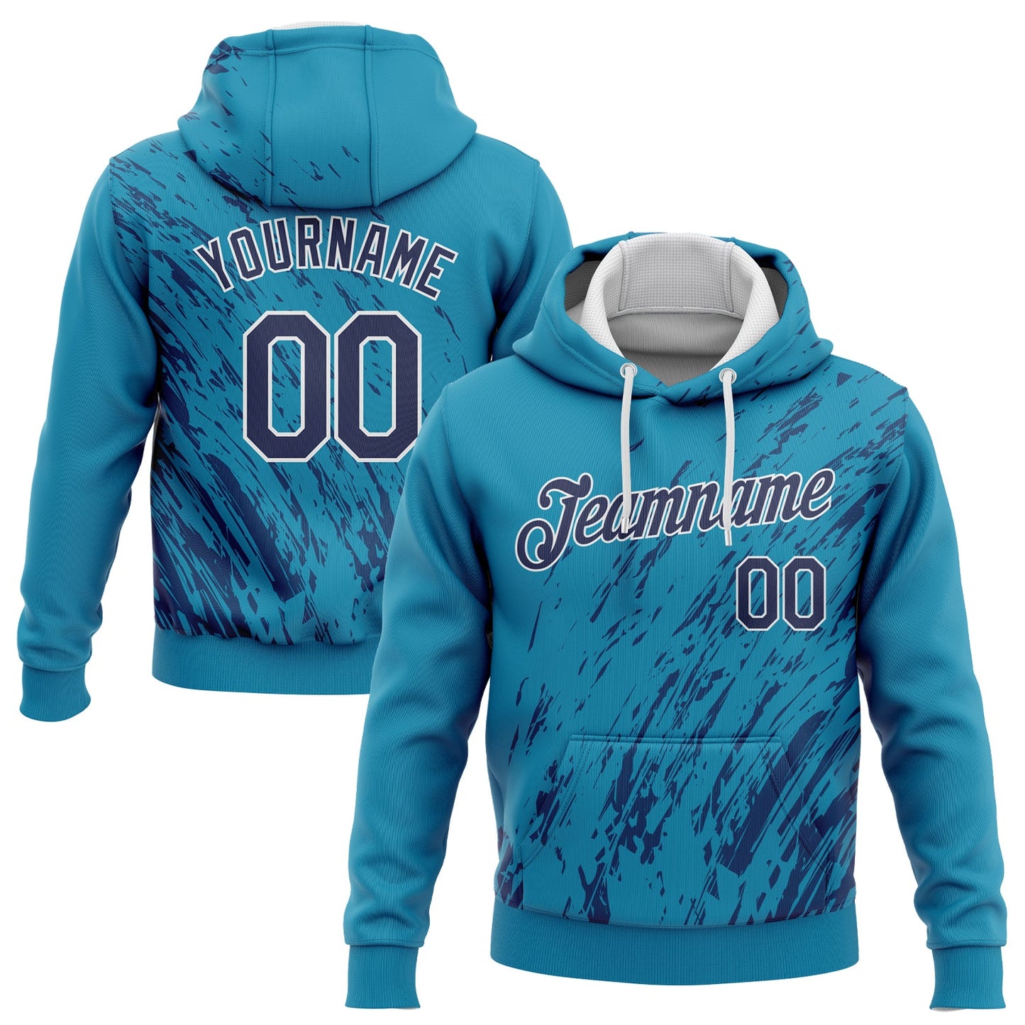 Custom Stitched Aqua Navy-White 3D Pattern Design Sports Pullover Sweatshirt Hoodie - Main View