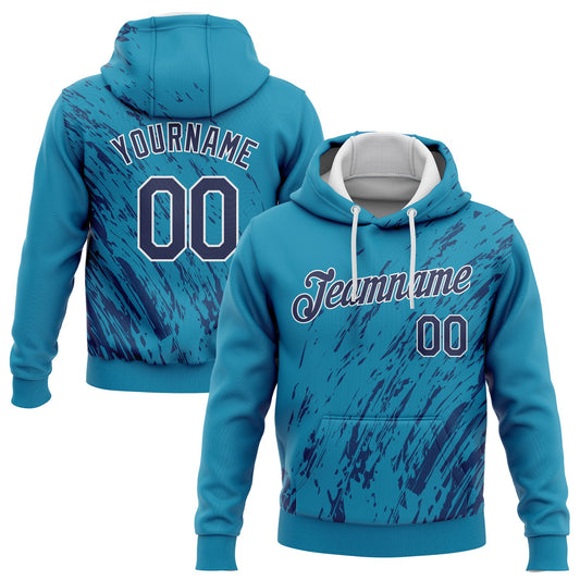 Custom Stitched Aqua Navy-White 3D Pattern Design Sports Pullover Sweatshirt Hoodie - Main View
