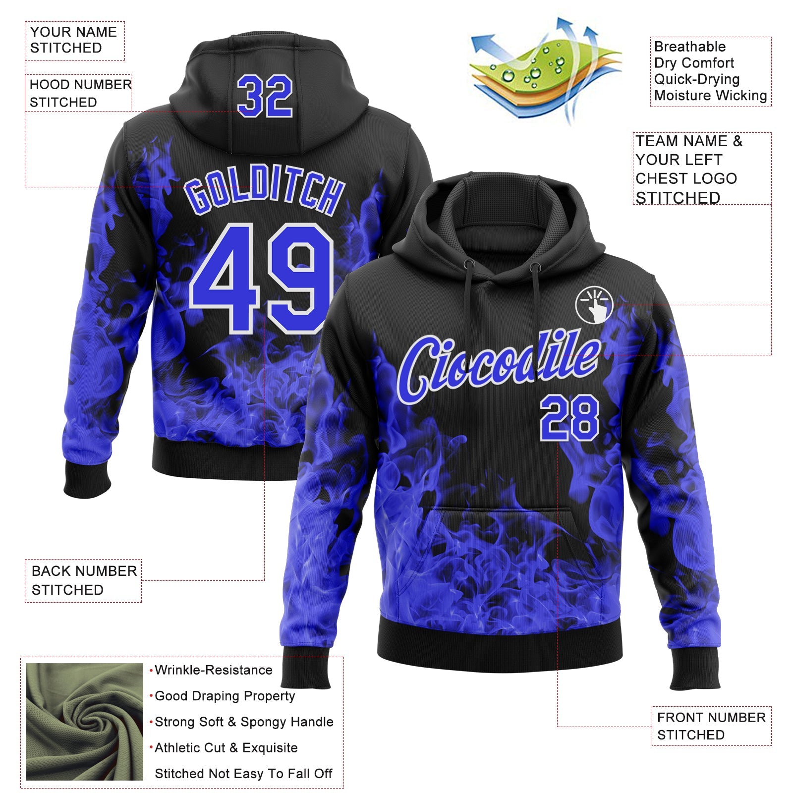 Custom Stitched Black Thunder Blue-White 3D Pattern Design Flame Sports Pullover Sweatshirt Hoodie view 2