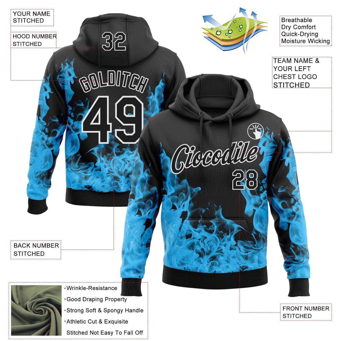 Custom Stitched Black Blue-White 3D Pattern Design Flame Sports Pullover Sweatshirt Hoodie view 2