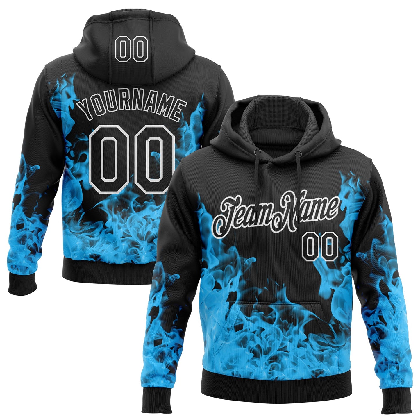 Custom Stitched Black Blue-White 3D Pattern Design Flame Sports Pullover Sweatshirt Hoodie - Main View