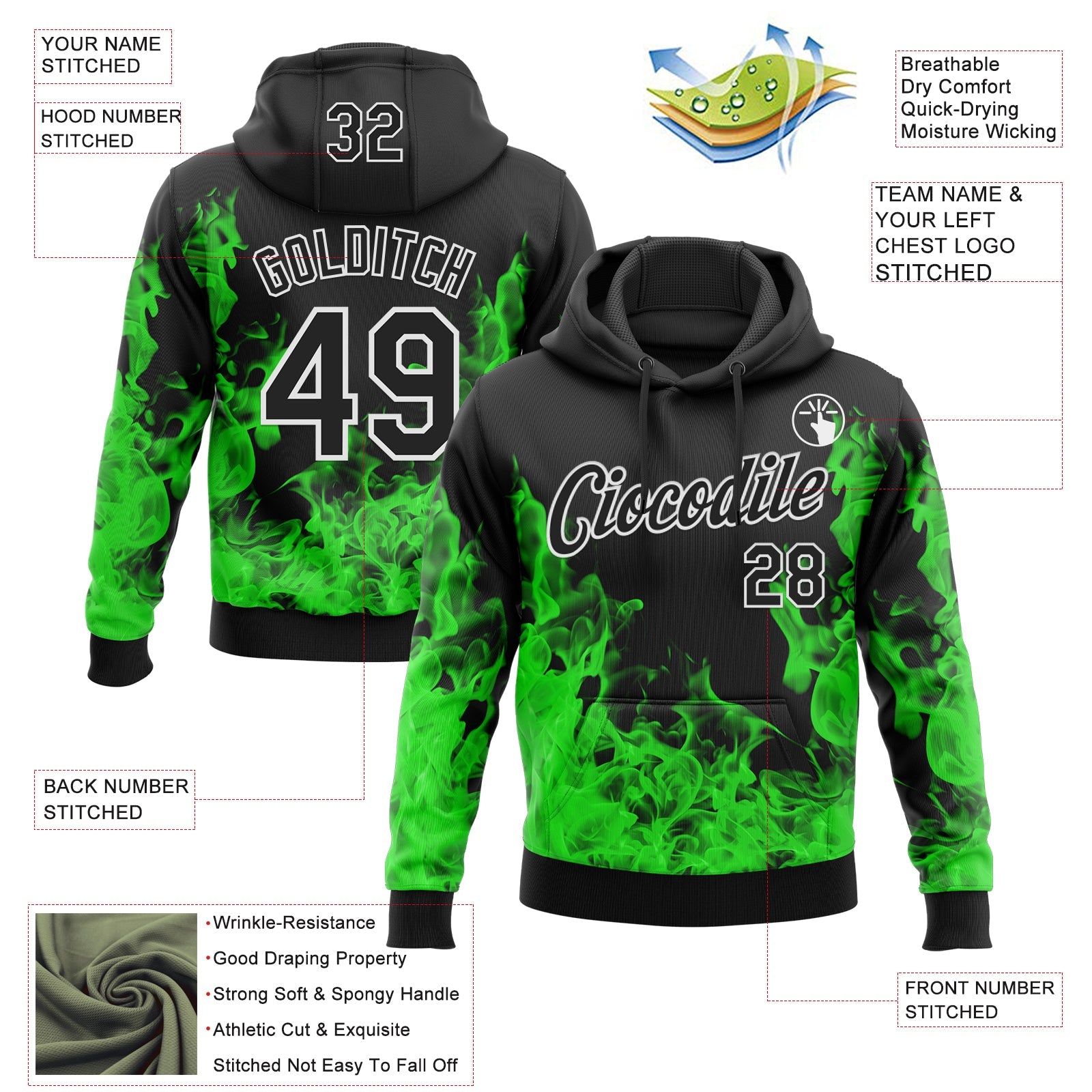 Custom Stitched Black Green-White 3D Pattern Design Flame Sports Pullover Sweatshirt Hoodie view 2