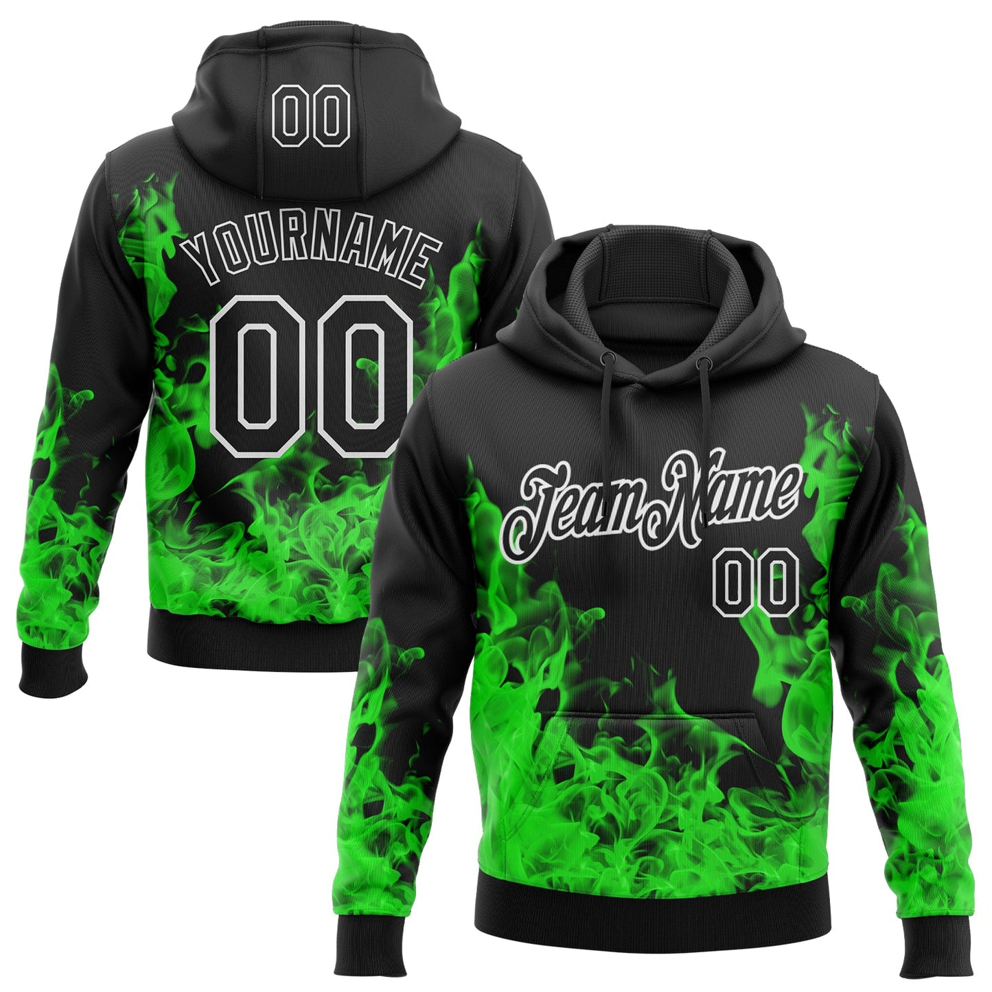 Custom Stitched Black Green-White 3D Pattern Design Flame Sports Pullover Sweatshirt Hoodie - Main View