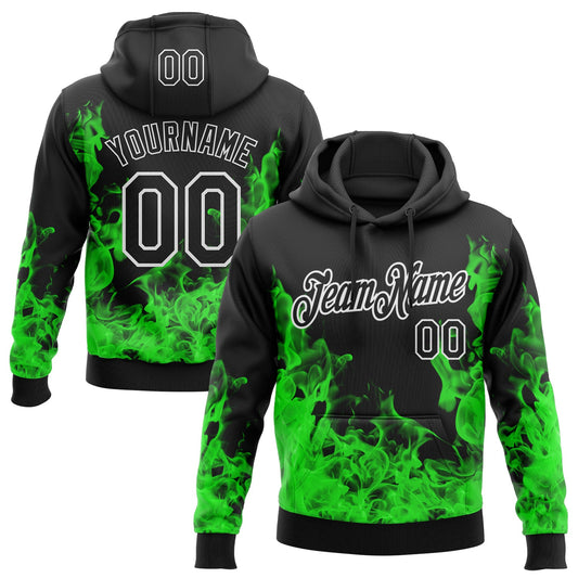Custom Stitched Black Green-White 3D Pattern Design Flame Sports Pullover Sweatshirt Hoodie - Main View