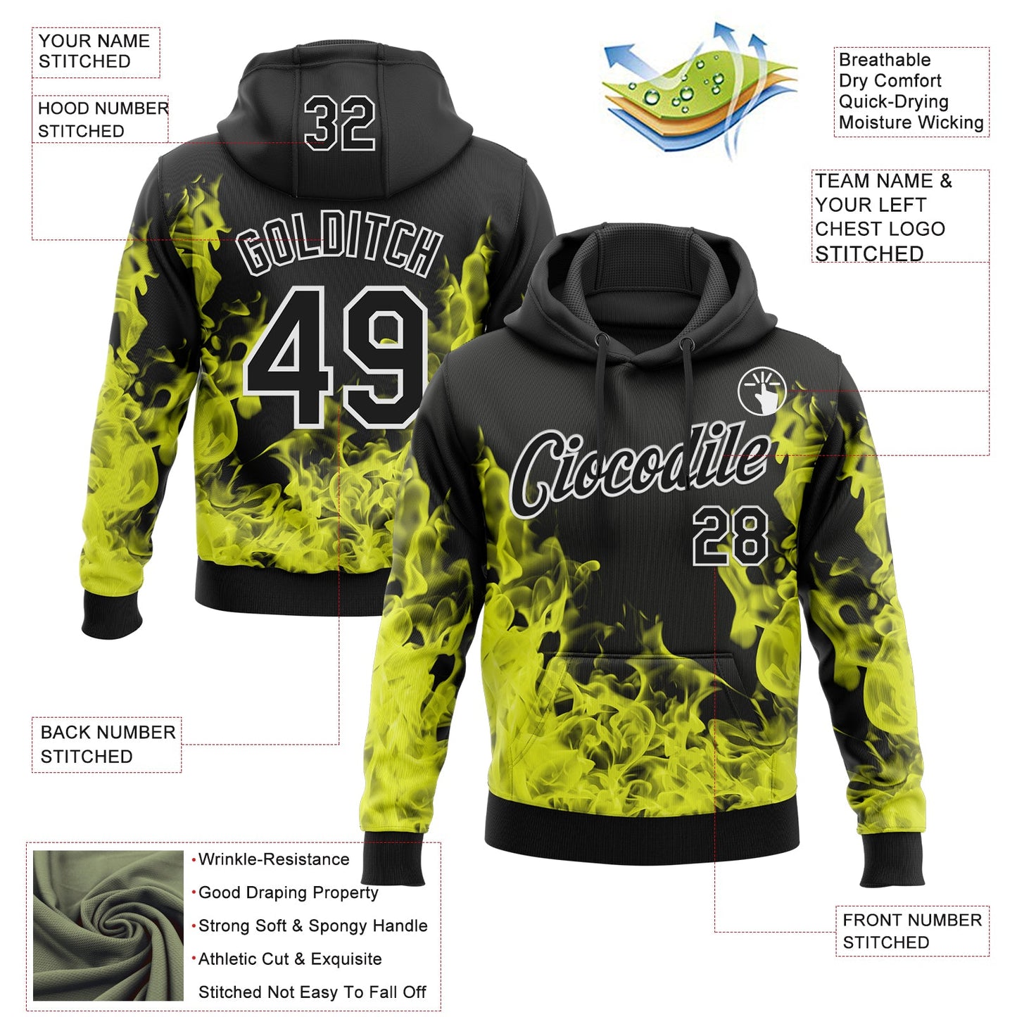 Custom Stitched Black Yellow-White 3D Pattern Design Flame Sports Pullover Sweatshirt Hoodie view 2