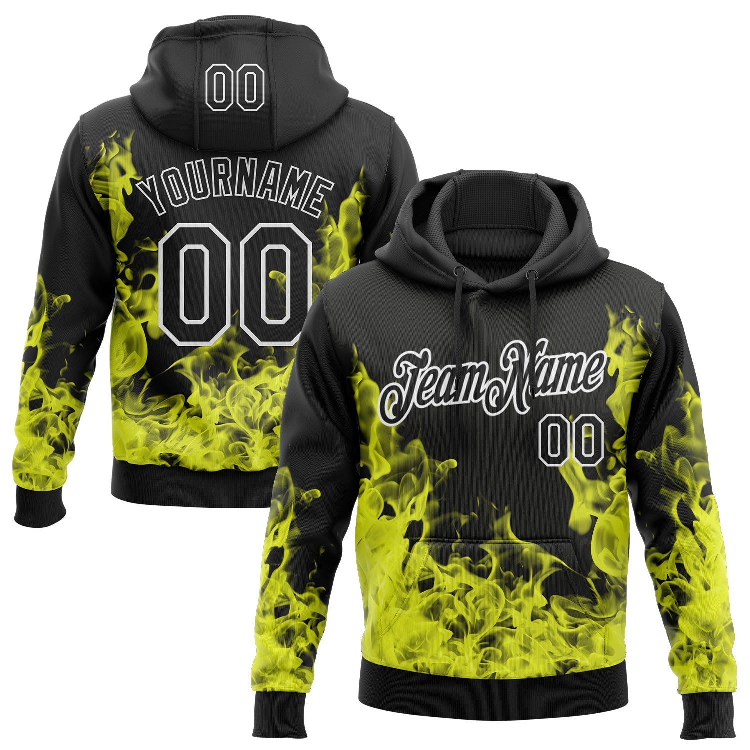Custom Stitched Black Yellow-White 3D Pattern Design Flame Sports Pullover Sweatshirt Hoodie - Main View
