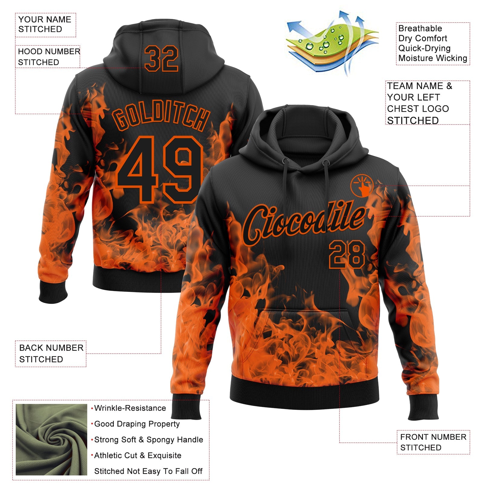 Custom Stitched Black Orange 3D Pattern Design Flame Sports Pullover Sweatshirt Hoodie view 2