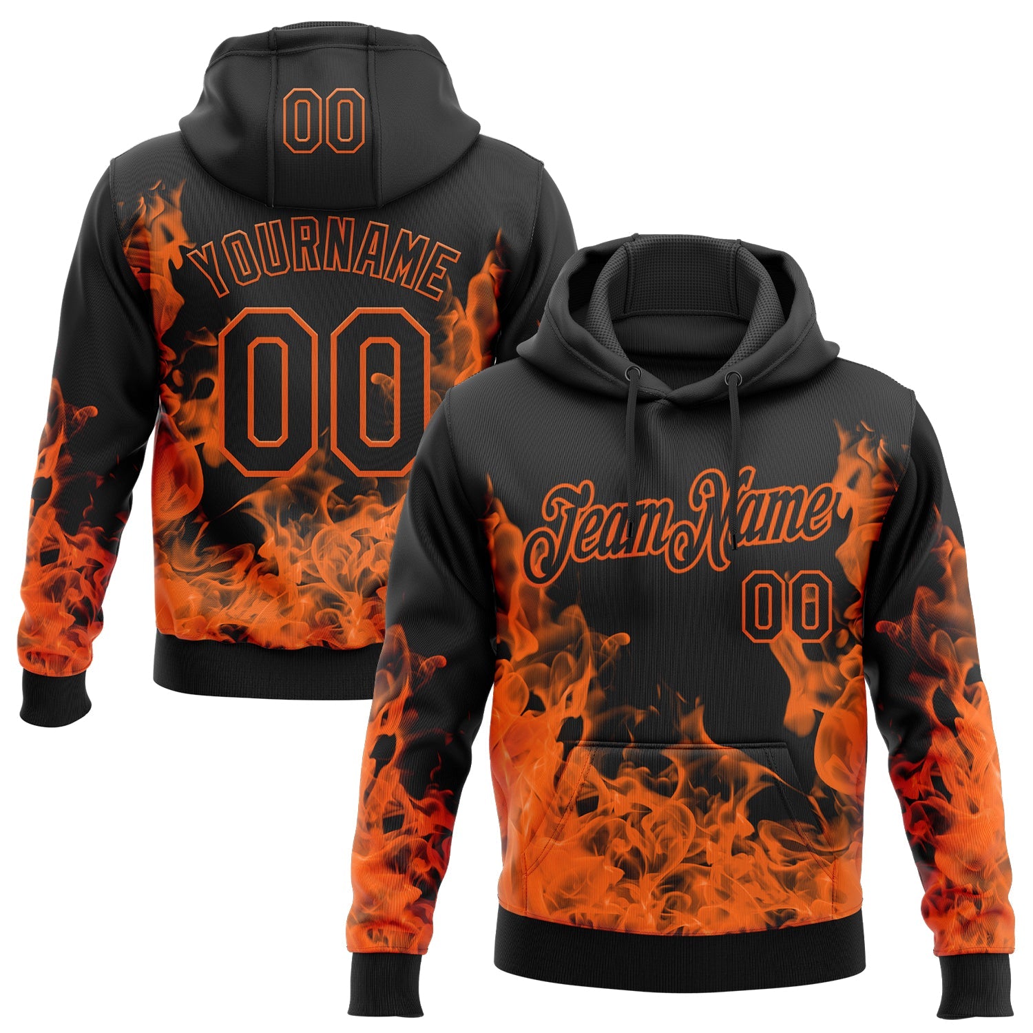 Custom Stitched Black Orange 3D Pattern Design Flame Sports Pullover Sweatshirt Hoodie - Main View